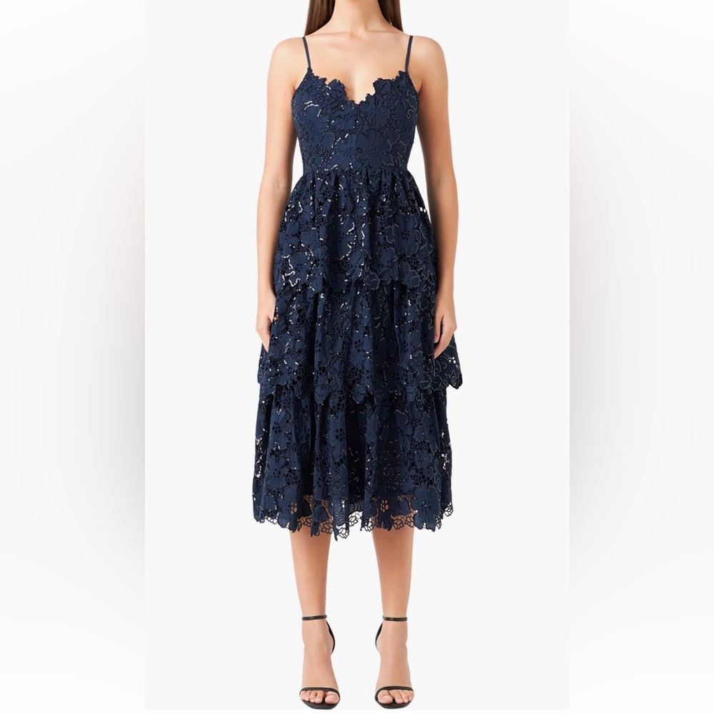 Endless Rose Floral Lace Tiered Sequin Midi Dress Navy Blue size Small $250